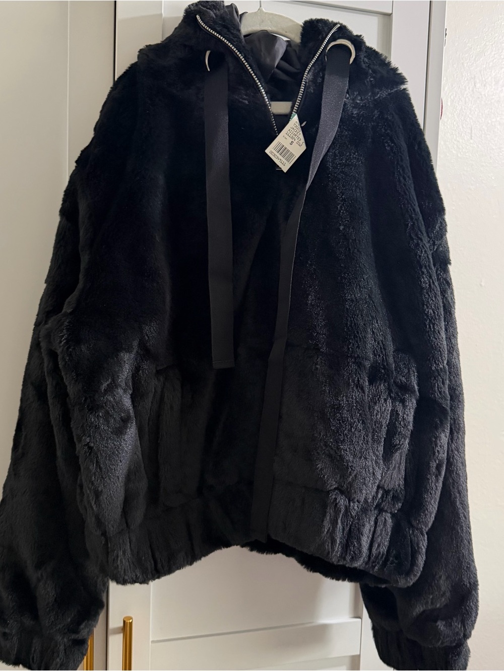 Ambiance Black Plush Faux Fur Hooded Teddy Jacket for Women